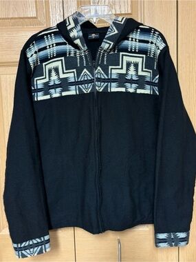 Native Sun Natural Design Black Zip-Up Hooded Jacket Black Blue Aztec Medium